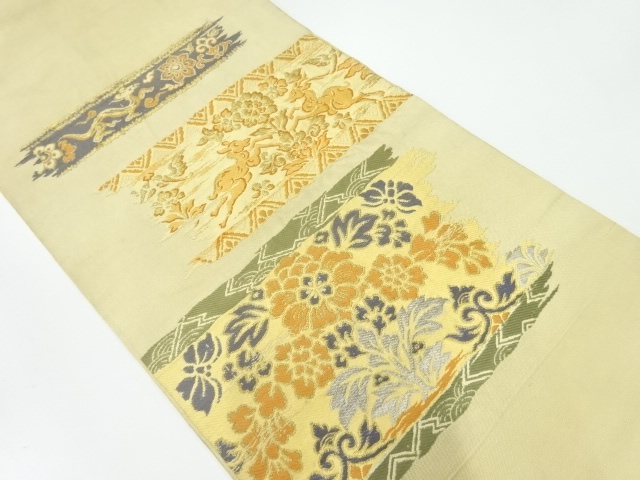 アンティーク　向かい動物に草花模様織出し本袋帯（材料）